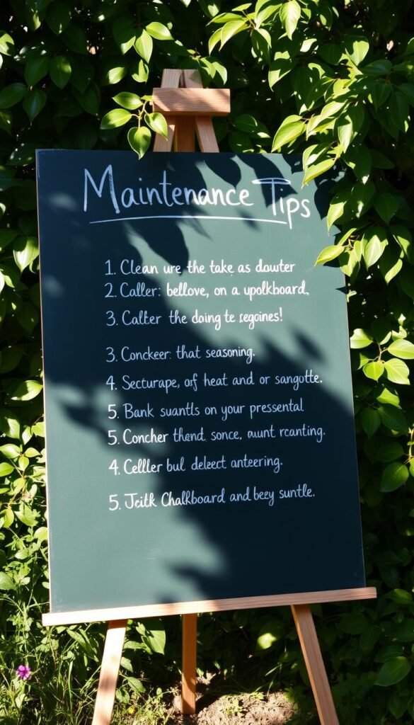 A vibrant chalkboard in a well-lit garden setting, displaying a collection of handwritten maintenance tips in elegant chalk strokes. The chalkboard is positioned on an easel, casting a soft shadow on the lush greenery behind it. Sunlight filters through the leaves, creating a dappled effect that adds depth and dimension to the scene. The tips cover a range of topics, such as cleaning, seasoning, and protecting the chalkboard's surface, presented in a visually appealing and informative manner. The overall atmosphere is one of creativity, practicality, and a connection to the natural world.