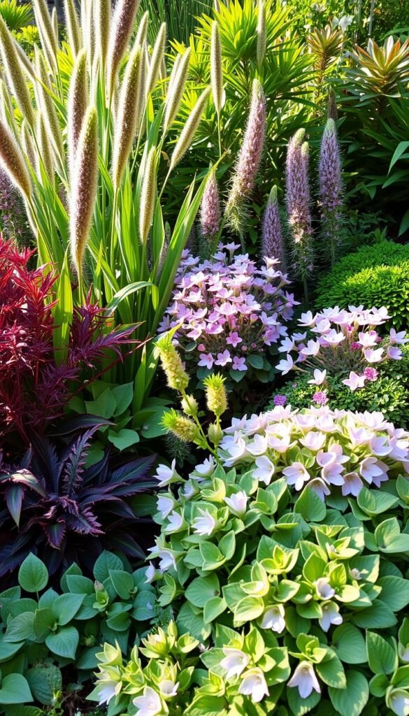 A vibrant collection of lush, thriving plants in a harmonious color palette. Diverse foliage in shades of green, accented by the soft pastel hues of delicate blooms. The composition features a mix of tall, graceful stems alongside mounded, bushy plants, all bathed in warm, natural lighting that casts gentle shadows. The scene has a serene, garden-like atmosphere, inviting the viewer to imagine walking through this tranquil plant sanctuary. The overall effect is a visually striking, yet calming display that would inspire creative color schemes for a flower garden.