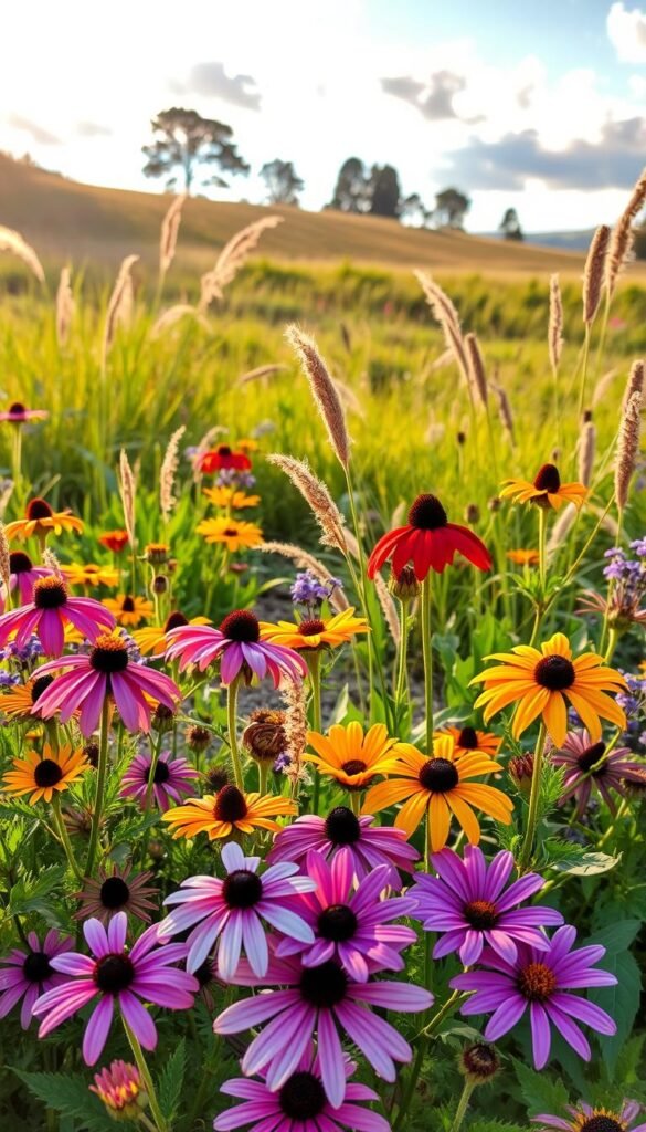 A vibrant, detailed display of native wildflowers and plants, beautifully arranged in a lush, natural garden setting. The foreground showcases a variety of colorful blooms such as coneflowers, milkweed, and black-eyed Susans, their petals softly illuminated by warm, golden sunlight filtering through wispy clouds. The middle ground features a mix of tall grasses and leafy foliage, creating a sense of depth and texture. In the background, a gentle, rolling meadow stretches out, framed by the silhouettes of native trees. The overall scene evokes a sense of harmony, inviting the viewer to appreciate the beauty and diversity of a carefully curated native plant selection.