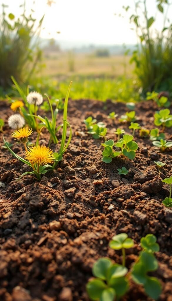 A vibrant, detailed scene showcasing the impact of soil conditions on weed growth. In the foreground, an array of common garden weeds - dandelions, plantain, and clover - thriving in nutrient-rich, moist soil. Midground, a close-up view of soil texture, revealing the interplay of sand, silt, and organic matter. In the background, a hazy, sun-dappled landscape, conveying the role of climate factors like temperature and precipitation. Soft, natural lighting illuminates the scene, emphasizing the lush, verdant tones of the vegetation. Captured with a wide-angle lens to provide a comprehensive perspective on the relationship between soil and weed proliferation.