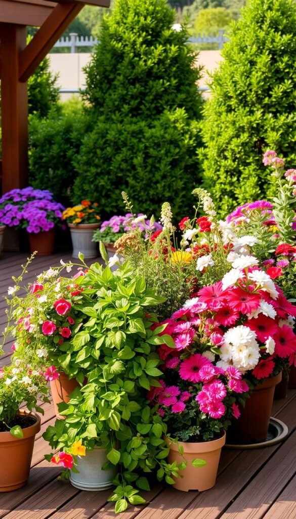A vibrant display of potted flowering plants arranged artfully on a wooden patio or deck. The foreground features a varied selection of lush, blooming plants in pots of different sizes and shapes, with a mix of colors and textures, such as trailing vines, delicate petals, and sturdy foliage. The middle ground showcases a backdrop of verdant shrubs or small trees, creating a sense of depth and natural setting. Soft, warm lighting illuminates the scene, casting gentle shadows and highlighting the vivid hues of the flowers. The overall atmosphere is one of serene beauty, inviting the viewer to appreciate the harmonious blend of nature and crafted elements.