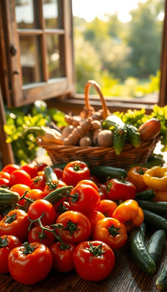 A vibrant display of ripe, freshly harvested backyard produce rests on a weathered wooden table, illuminated by warm, golden sunlight filtering through an open window. In the foreground, a bountiful assortment of juicy tomatoes, crisp cucumbers, and vibrant bell peppers are arranged with care, their colors and textures accentuated by soft shadows. In the middle ground, a basket overflows with earthy-hued root vegetables, their leafy greens still attached, while behind them, a lush, verdant garden can be seen through the window, hinting at the abundant harvest to come. The overall scene conveys a sense of abundance, the perfect moment to gather the fruits of one's labor, ready to be enjoyed or preserved for the seasons ahead.