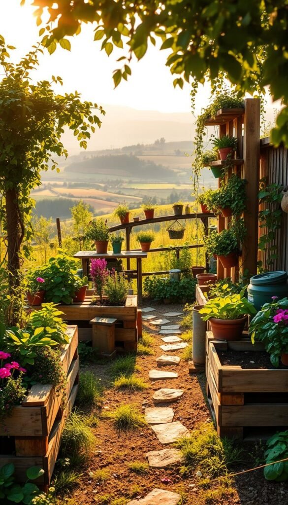 A vibrant, eco-friendly pallet garden bathed in warm, golden sunlight. In the foreground, upcycled planters and raised garden beds crafted from repurposed wooden pallets overflow with lush greenery and colorful blooms. A central focal point features a whimsical vertical pallet garden, its shelves brimming with cascading vines and potted plants. In the middle ground, a rustic garden path winds through the verdant oasis, bordered by more pallet-based features like a potting bench and a compost bin. The background reveals a picturesque countryside scene, with rolling hills and a distant horizon softened by a hazy, atmospheric light. The overall mood is one of sustainable, homespun charm and a celebration of nature's abundance.