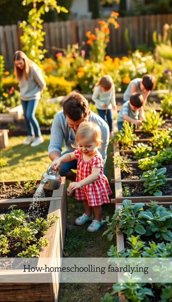 A vibrant family scene of a backyard garden, bathed in warm afternoon sunlight. In the foreground, a young child enthusiastically waters a raised garden bed, their face aglow with excitement. Next to them, a parent kneels, guiding their hands, teaching the joys of nurturing plants. In the middle ground, older siblings tend to their own plots, carefully weeding and tending to their growing vegetables. The background reveals a lush, thriving garden, with a variety of colorful flowers and herbs, creating a peaceful, tranquil atmosphere. The scene conveys the shared learning, connection, and sense of wonder that homeschooling families can experience through the act of gardening together.