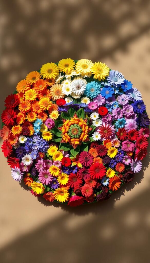 A vibrant garden color wheel arranged in a radial composition, capturing the fundamental principles of color theory. In the foreground, a lush array of blooming flowers in a spectrum of hues, from warm reds and oranges to cool blues and purples, meticulously placed to showcase the complementary and analogous relationships. The middle ground features a stylized geometric design, acting as a visual framework to accentuate the color transitions. The background is a soft, diffused gradient, evoking a sense of depth and balance. Lighting is natural and diffused, casting gentle shadows that enhance the dimensional quality of the arrangement. Captured with a wide-angle lens to provide a comprehensive view of the color wheel, this image aims to educate and inspire gardeners on the power of color in cultivating a visually captivating floral display.