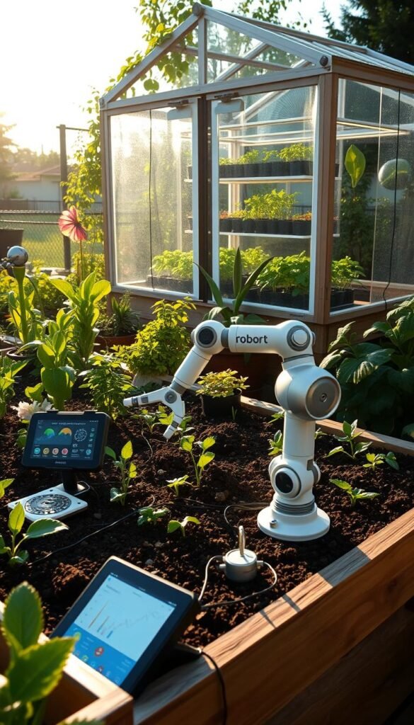 A vibrant garden oasis, with a central raised bed showcasing various engineering marvels. In the foreground, a 3D-printed robotic arm tenderly tends to the plants, its movements choreographed by a sleek control panel. Mid-ground, a small weather station and soil moisture sensors gather data, feeding into a tablet interface displaying real-time analytics. In the background, a greenhouse structure constructed with repurposed materials houses a hydroponic system, its LED grow lights casting a warm, futuristic glow. The scene is illuminated by the soft, natural light of the sun, casting long shadows and a sense of harmony between nature and technology.