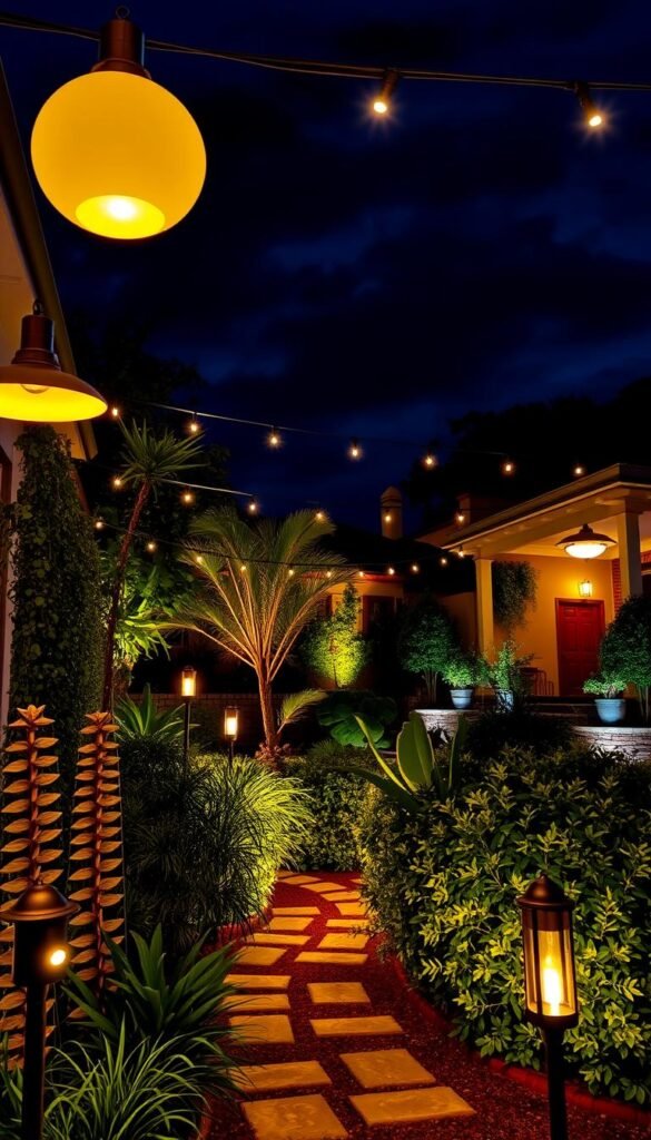 A vibrant garden scene, bathed in the warm glow of versatile outdoor lighting. In the foreground, a selection of contemporary fixtures - sleek path lights, decorative lanterns, and up-lighting illuminating lush foliage. The middle ground showcases a mix of ambient and task lighting, with string lights strung overhead and spotlights highlighting architectural details. In the background, a nighttime sky provides a moody, atmospheric backdrop, with the lighting creating a cozy, inviting ambiance. The scene conveys a sense of effortless elegance and functionality, showcasing the endless possibilities for personalizing outdoor spaces with versatile lighting solutions.