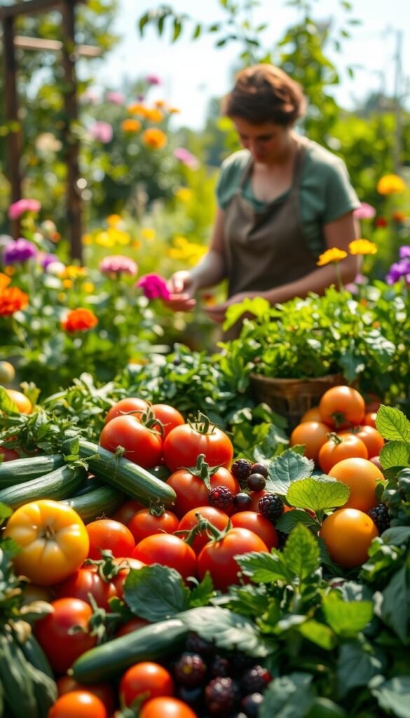 A vibrant garden scene, captured in soft natural light. In the foreground, a variety of freshly harvested vegetables and fruits laid out with care - juicy tomatoes, crisp cucumbers, fragrant herbs, and plump berries. In the middle ground, a gardener tenderly inspects the produce, examining each item with an experienced eye. Behind them, a lush, well-tended garden blooms with verdant foliage and colorful flowers, conveying a sense of abundance and seasonal change. The overall atmosphere is one of calm, contemplation, and the satisfaction of a bountiful harvest.