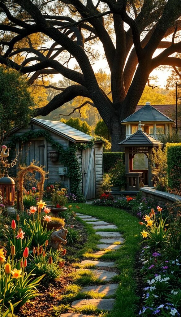 A vibrant garden scene in the gentle glow of golden hour. In the foreground, a winding path leads through lush foliage, with whimsical garden ornaments and seasonal blooms like tulips, daffodils, and cherry blossoms peppering the verdant landscape. The middle ground features a charming wooden shed, its weathered exterior complemented by trailing vines and a birdhouse perched atop. In the distance, a picturesque gazebo is framed by towering oak trees, their branches casting long shadows across the tranquil garden. The warm, soft lighting creates a sense of wonder and discovery, inviting the viewer to embark on a captivating seasonal scavenger hunt.
