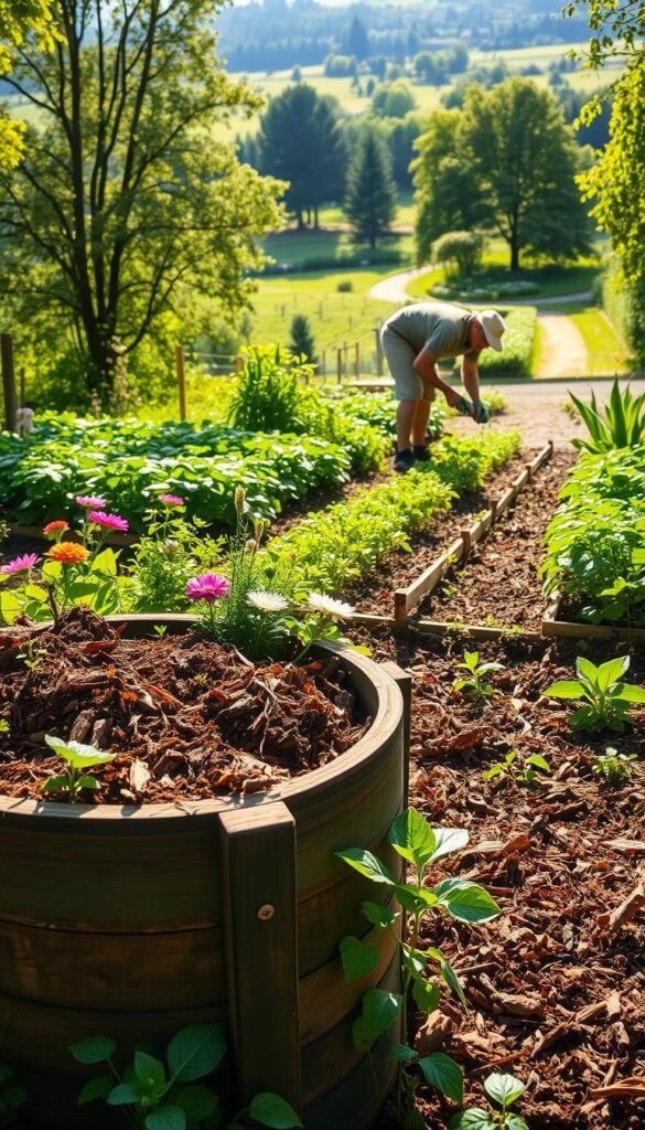 A vibrant garden scene showcasing sustainable composting and mulching techniques. In the foreground, a carefully crafted compost bin overflows with rich, earthy materials. Colorful flowers and thriving plants surround it, their roots nourished by the decomposing matter. In the middle ground, a gardener meticulously applies a thick layer of organic mulch around the base of a flourishing vegetable patch, retaining moisture and suppressing weeds. Sunlight filters through lush foliage, casting a warm, natural glow over the entire scene. In the background, a verdant landscape dotted with towering trees and a serene, winding path, embodying the harmony between human and nature. The overall atmosphere exudes a sense of environmental sustainability and gardening abundance.