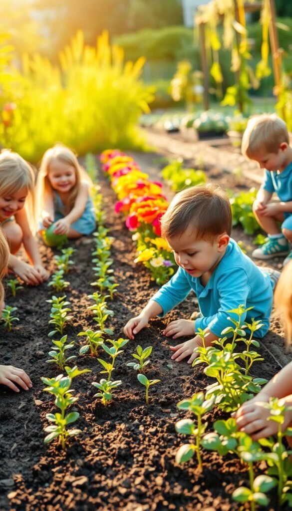 A vibrant garden scene with children engaged in a variety of playful activities. In the foreground, a group of kids are planting seedlings, their hands in the rich, dark soil as they carefully place the delicate plants. In the middle ground, two children water a row of colorful flowers, their laughter filling the air. In the background, a young boy crouches by a vegetable patch, inspecting the growing produce with wonder. The scene is bathed in warm, golden sunlight, casting a welcoming glow over the entire tableau. The atmosphere is one of joy, exploration, and a genuine connection to the natural world.
