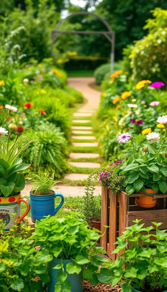 A vibrant garden scene with upcycled planters in the foreground, showcasing an array of thriving plants and flowers. The planters are creatively crafted from repurposed household items, such as vintage tin cans, colorful ceramic mugs, and rustic wooden crates. Lush greenery cascades from the planters, creating a whimsical and eco-friendly display. In the middle ground, a garden path winds through the verdant space, inviting the viewer to explore. The background features a tranquil, sun-dappled setting with a soothing color palette, emphasizing the harmonious integration of nature and sustainable gardening. The overall composition exudes a sense of warmth, creativity, and environmental consciousness.