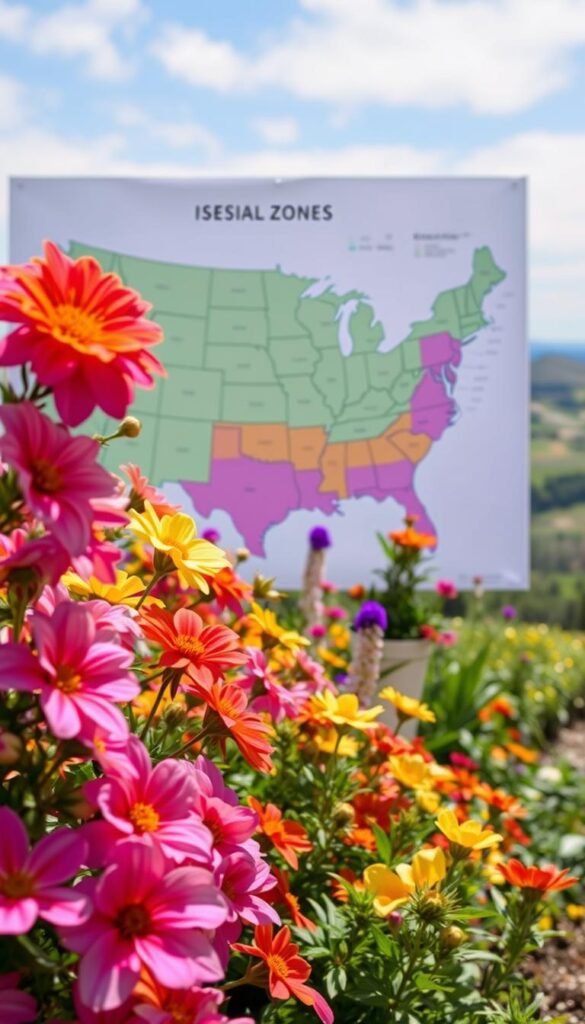 A vibrant garden tableau depicting the seasonal bloom cycles of perennial flowers against a backdrop of USDA zone delineations. In the foreground, lush blooms in varying hues cascade across the frame, their petals illuminated by natural lighting. The middle ground features a detailed zone map, with distinct regions defined by color-coded boundaries. In the distance, a softly blurred landscape unfolds, hinting at the diverse microclimates that shape the growth and performance of perennial species. The overall composition conveys a sense of harmony and the interconnectedness of seasonal rhythms, climate, and the natural world.