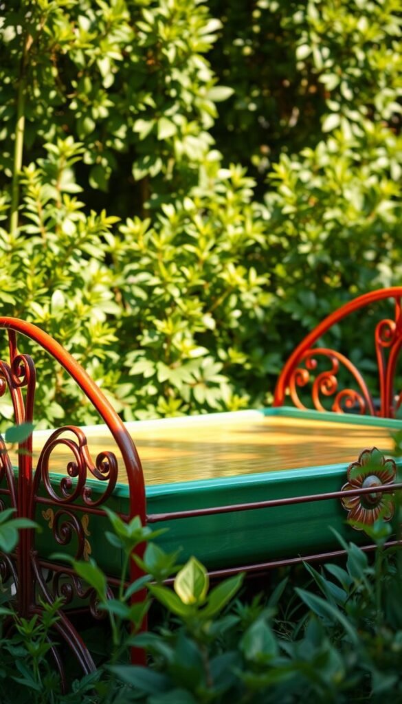 A vibrant, hand-painted metal garden bed in a lush, verdant setting. The bed is framed by a backdrop of flourishing greenery, casting soft, natural lighting across its surface. The paint has a glossy, enameled finish, reflecting the warm tones of the surrounding foliage. Intricate floral motifs adorn the sides of the bed, adding a touch of artistic flair. The overall composition exudes a sense of rustic elegance, perfectly suited for a stylish, elevated garden display.