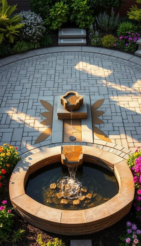 A vibrant hardscape design featuring a central focal point of intricately patterned stone pavers in shades of grey, beige, and ochre. The pavers are arranged in a geometric layout, creating a sense of order and structure. In the foreground, a sculptural water feature with gently cascading water adds a soothing, meditative element. Surrounding the hardscape, lush greenery and colorful perennial flowers in a variety of hues soften the edges and provide a natural counterpoint to the rigid lines. Warm, directional lighting casts dramatic shadows, accentuating the textural details of the materials. The overall composition conveys a harmonious balance between the natural and the built, inviting the viewer to pause and appreciate the thoughtful integration of hardscape and landscape elements.
