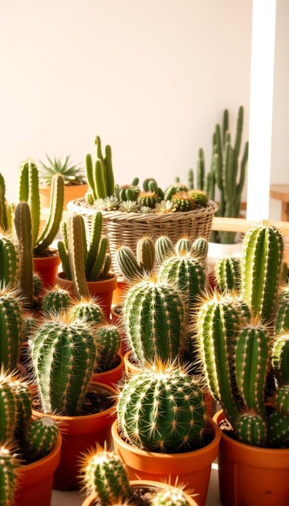 A vibrant indoor cactus garden bathed in warm, natural lighting. In the foreground, an array of plump, verdant cacti in terracotta pots, their spines catching the sun's rays. In the middle ground, a wicker basket overflows with succulents of various shapes and hues. The background reveals a minimalist, airy space with clean white walls and a wooden table, creating a serene, zen-like atmosphere. The composition is balanced, highlighting the essential elements of cactus care - proper soil, ample sunlight, and well-draining containers. The overall mood is one of simplicity, tranquility, and a celebration of these hardy, low-maintenance houseplants.