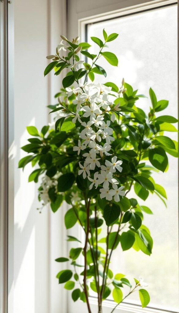 A vibrant jasmine plant stands in a sunlit window, its delicate white flowers cascading gracefully against a backdrop of lush green foliage. The soft, diffused natural light filters through the leaves, casting gentle shadows and highlighting the plant's elegant form. The jasmine's intoxicating fragrance fills the air, creating a calming and inviting atmosphere. The composition is balanced, with the plant taking center stage, framed by the architectural elements of the window frame. The overall scene conveys the beauty, elegance, and tranquility of this beloved indoor flowering plant.