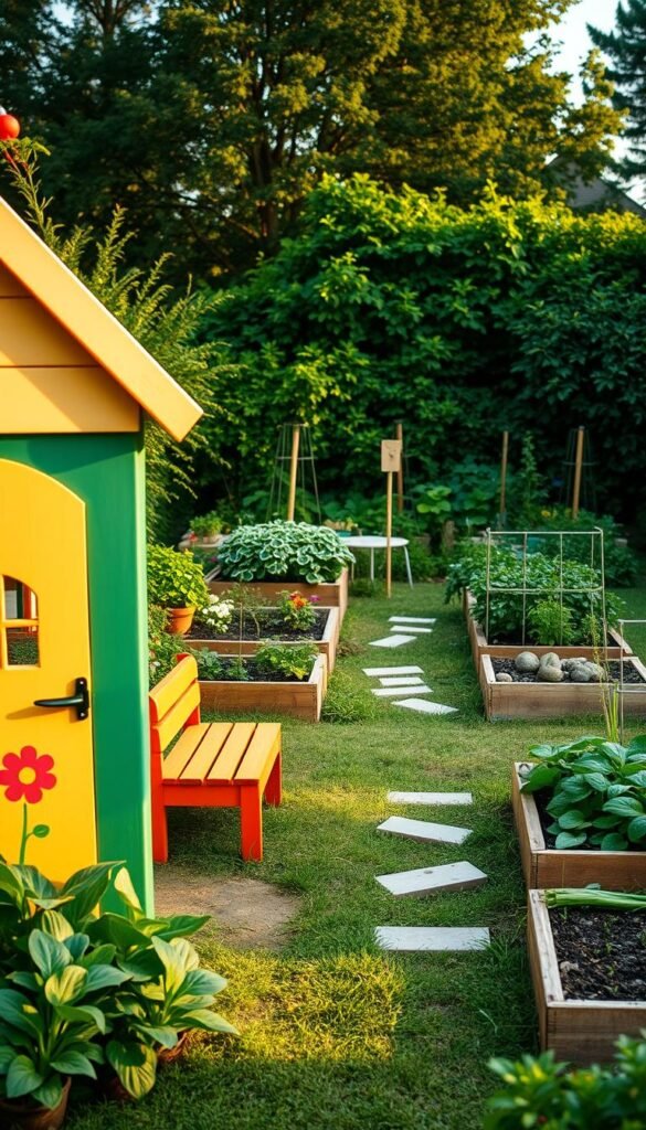 A vibrant, kid-friendly garden setup with a whimsical, inviting atmosphere. In the foreground, a colorful playhouse with a cheerful floral motif and a small bench for children to sit and explore. In the middle ground, raised garden beds filled with a variety of vegetables, herbs, and flowers, with small stepping stones leading through the lush greenery. In the background, a lush, verdant backdrop of trees and shrubs, creating a sense of enclosure and safety. Warm, soft lighting illuminates the scene, casting gentle shadows and highlighting the textures of the plants and materials. The overall composition conveys a sense of wonder, discovery, and the joy of learning about the natural world.