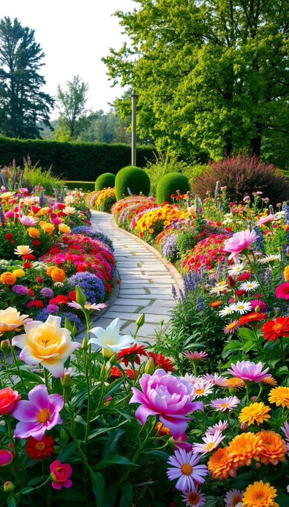 A vibrant, lush flower garden bursting with a kaleidoscope of colors. In the foreground, a diverse array of blooming flowers, including roses, lilies, daisies, and peonies, arranged in a harmonious composition. The middle ground showcases a meandering stone path leading through the garden, inviting the viewer to explore. In the background, a backdrop of mature trees and shrubs provides a natural, verdant setting, creating a sense of depth and tranquility. The scene is illuminated by soft, natural lighting, casting gentle shadows and highlighting the delicate petals. The overall atmosphere is one of serene beauty, inviting the viewer to imagine strolling through this enchanting floral oasis.