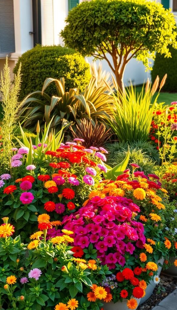 A vibrant, lush front garden overflowing with an abundance of colorful, well-tended plants. In the foreground, a mix of cheerful annuals and perennials like petunias, marigolds, and zinnias cascade over the edges of raised planters, their blooms bursting with vivid hues. In the middle ground, a variety of textured foliage plants like ornamental grasses, lush ferns, and trailing vines create a sense of depth and movement. In the background, a carefully pruned shrub or small tree, its branches swaying gently in the breeze, frames the scene. The lighting is warm and golden, casting a soft, inviting glow over the entire garden, heightening the overall sense of vitality and curb appeal.