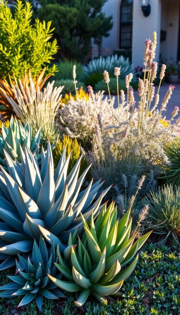 A vibrant, lush front yard featuring a diverse array of drought-tolerant plants. In the foreground, a cluster of agave, aloe, and succulent species thrive, their sculptural forms casting dramatic shadows. In the middle ground, delicate, silver-hued artemisia and lavender plants sway gently in a soft breeze, their calming presence complementing the bolder succulents. In the background, a low-growing, drought-resistant groundcover carpets the soil, tying the scene together. The scene is bathed in warm, golden sunlight, lending a serene, Mediterranean-inspired atmosphere. Captured with a wide-angle lens to showcase the harmonious arrangement of these low-maintenance, resilient plants.