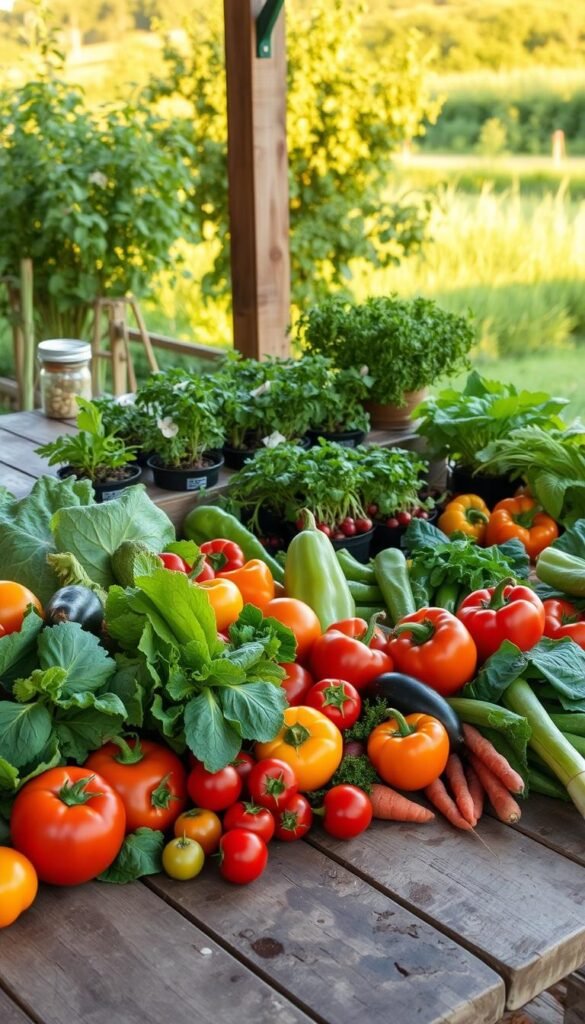 A vibrant, meticulously arranged display of region-specific vegetables, showcased in a well-lit, rustic setting. In the foreground, an assortment of freshly harvested produce, including heirloom tomatoes, leafy greens, and colorful bell peppers, is artfully arranged on a weathered wooden table. The middle ground features potted herbs and smaller vegetable varieties, such as radishes and carrots, creating a sense of depth and visual interest. In the background, a natural backdrop of lush greenery and a warm, golden-hour lighting effect sets the scene, evoking a serene, countryside ambiance. The overall composition emphasizes the diversity and seasonal abundance of the region's bountiful vegetable selection.