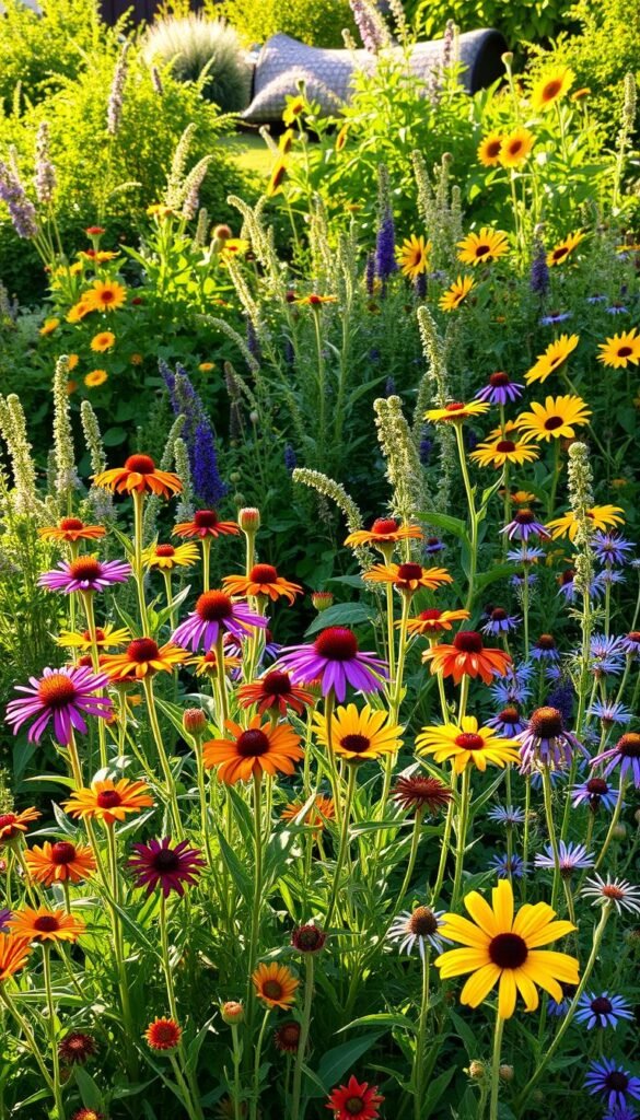 A vibrant, naturalistic arrangement of native pollinator-friendly plants in a lush, sun-dappled garden. In the foreground, clusters of colorful wildflowers such as purple coneflowers, orange butterfly milkweed, and yellow sunflowers sway gently in a soft breeze. Surrounding them, a diverse mix of native shrubs and perennials including Joe-Pye weed, black-eyed Susans, and New England asters create a layered, verdant backdrop. The scene is illuminated by warm, golden afternoon light, casting natural shadows and highlights that accentuate the plants' intricate textures and forms. The overall impression is one of a thriving, biodiverse ecosystem that welcomes and supports a variety of pollinators.