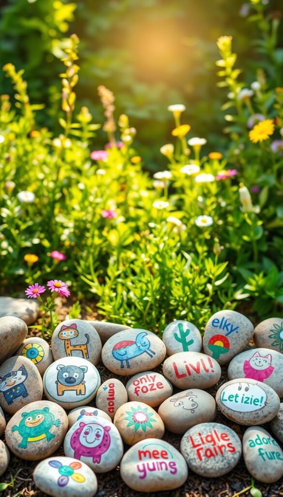 A vibrant outdoor garden scene with an assortment of playful rock painting ideas. In the foreground, various smooth stones are displayed, their surfaces transformed into whimsical designs - colorful animals, abstract patterns, and cheerful slogans. The middle ground showcases a lush, verdant backdrop of flourishing plants and flowers, casting a warm, natural glow. Soft, diffused lighting from an overhead sun creates a inviting, serene atmosphere, encouraging hands-on exploration and creative expression. The overall composition conveys a sense of joy, inspiration, and a connection to the natural world, perfect for a section on outdoor garden crafts for toddlers.
