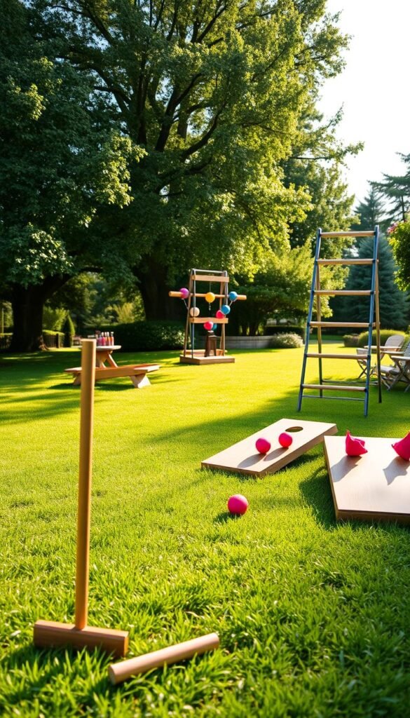 A vibrant outdoor scene featuring a lush, well-manicured lawn dotted with a variety of classic lawn games. In the foreground, a croquet set with wooden mallets and brightly colored balls sits ready for play. A nearby cornhole game with solid wood boards and bean bags awaits eager participants. In the middle ground, a ladder toss with sturdy metal frames and colorful bolas stands tall, inviting guests to test their accuracy. In the background, a gentle breeze rustles the leaves of mature trees, casting a warm, natural light over the entire setup. The overall atmosphere exudes a sense of playful energy and carefree summertime enjoyment.