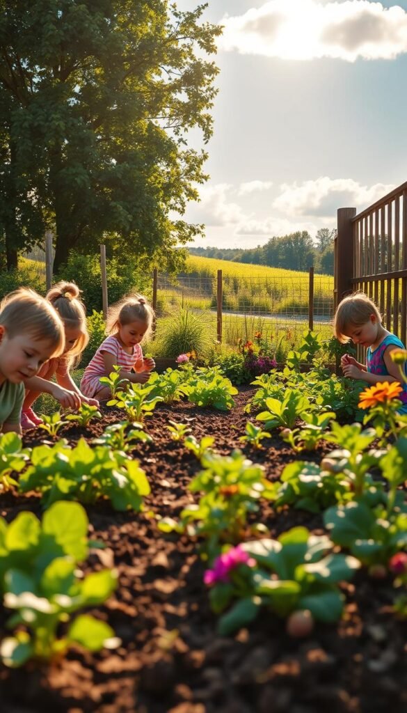 A vibrant outdoor scene of a children's vegetable garden, bathed in warm, golden afternoon sunlight. In the foreground, a group of joyful kids tend to their thriving garden beds, carefully planting seedlings, watering plants, and examining fresh produce. The middle ground features a mix of leafy greens, colorful vegetables, and budding flowers, all flourishing in the rich, loamy soil. In the background, a wooden fence frames the verdant landscape, with a few fluffy clouds drifting across a serene, azure sky. The overall atmosphere is one of wonder, exploration, and a deep connection to the natural world, inspiring a sense of curiosity and healthy habits.