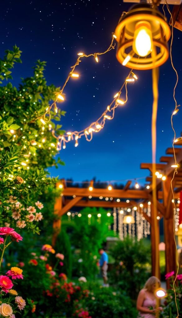 A vibrant outdoor scene showcasing a captivating display of string lights. In the foreground, a lush garden with blooming flowers and greenery creates a welcoming ambiance. Cascading from the trees and trellises, delicate string lights cast a warm, inviting glow, illuminating the space with a cozy, magical atmosphere. The middle ground features a rustic wooden pergola or gazebo, its structure adorned with additional strands of twinkling lights, creating depth and visual interest. In the background, a tranquil night sky with twinkling stars completes the serene, enchanting setting, inspiring a sense of wonder and relaxation.