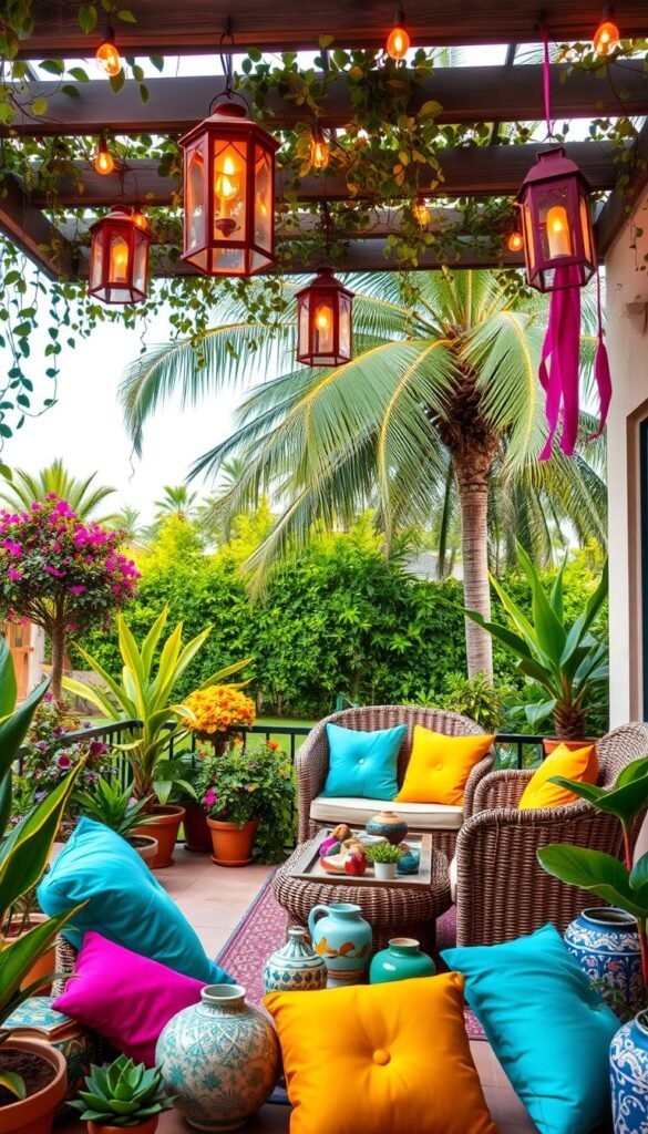 A vibrant patio filled with a colorful array of decorative accents. In the foreground, an eclectic mix of outdoor pillows, lanterns, and potted plants in vivid hues of turquoise, fuchsia, and sunshine yellow create a playful, inviting atmosphere. Hanging from the patio's trellis, cascading vines and string lights cast a warm, ambient glow across the scene. In the middle ground, a wicker loveseat and armchair provide comfortable seating, while a low coffee table displays an assortment of decorative ceramic pieces. The background features a lush, verdant garden with towering palm trees swaying gently in the breeze, framing the cozy patio oasis. Captured with a wide-angle lens, the image conveys a sense of relaxation and joie de vivre.