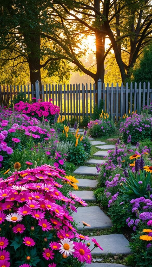 A vibrant perennial garden bursting with color and life. In the foreground, a lush array of blooming flowers in shades of pink, purple, and yellow create a captivating focal point. The middle ground features a meandering stone path winding through a tapestry of verdant foliage, inviting the viewer to explore. In the background, a picturesque wooden fence frames the scene, providing a rustic backdrop. Warm, golden sunlight filters through the canopy of trees, casting a gentle glow over the entire composition. The overall atmosphere is one of tranquility and natural beauty, perfectly capturing the essence of a vibrant perennial garden.