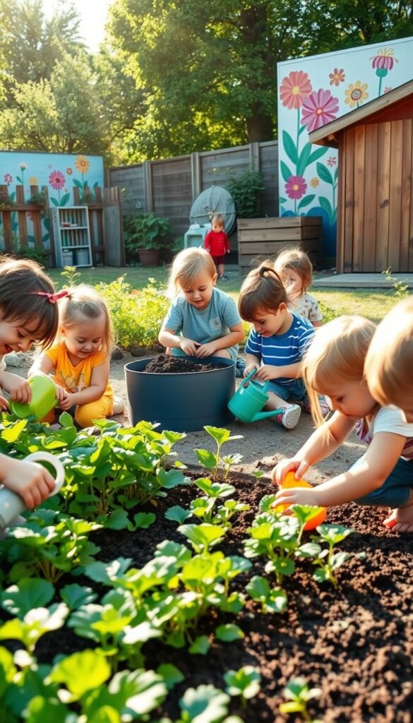 A vibrant scene of young children engaged in a variety of preschool gardening activities. In the foreground, a group of eager learners tend to a lush vegetable garden, planting seedlings and watering the soil with small watering cans. In the middle ground, a few children kneel by a compost bin, examining the rich organic matter. Sunlight filters through the trees, casting a warm glow over the scene. In the background, a wooden garden shed and a colorful mural depicting blooming flowers provide a whimsical backdrop. The children's expressions convey a sense of wonder and joy as they discover the wonders of the natural world.