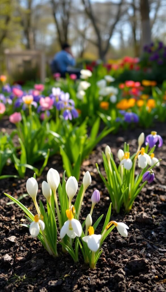 A vibrant springtime garden in soft, natural light. In the foreground, a cluster of delicate early bulbs - crocus, snowdrops, and dwarf irises - emerging from the moist, fertile soil. Their petals gently unfurling, reaching towards the sun. In the middle ground, a mix of lush green foliage and the first buds of colorful perennials. The background is a softly blurred vista of flowering trees and shrubs, hinting at the abundance to come. The overall scene radiates a sense of renewal, hope, and the promise of a bountiful growing season ahead.