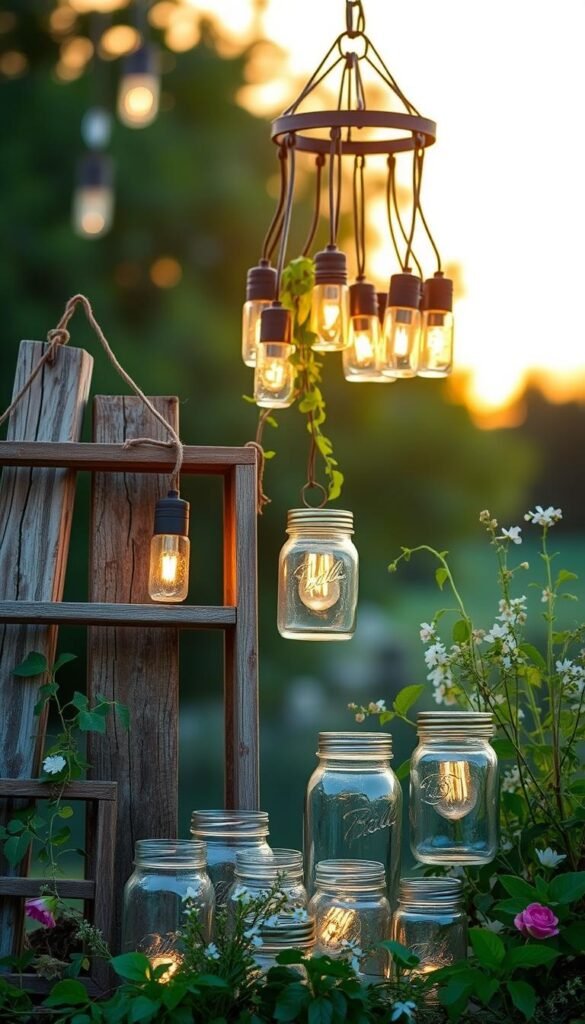 A vibrant still life of materials for a DIY garden chandelier, showcased against a soft, blurred natural backdrop. In the foreground, an assortment of weathered wooden beams, rustic metal frames, and an array of decorative glass jars and mason jars, each casting a warm, inviting glow. The middle ground features lush greenery, such as trailing vines and delicate flowers, adding a touch of whimsy. Overhead, the scene is illuminated by the warm, golden light of a setting sun, casting a gentle, romantic ambiance. The overall composition evokes a sense of rustic charm and the enchanting allure of a handcrafted, nature-inspired garden chandelier.