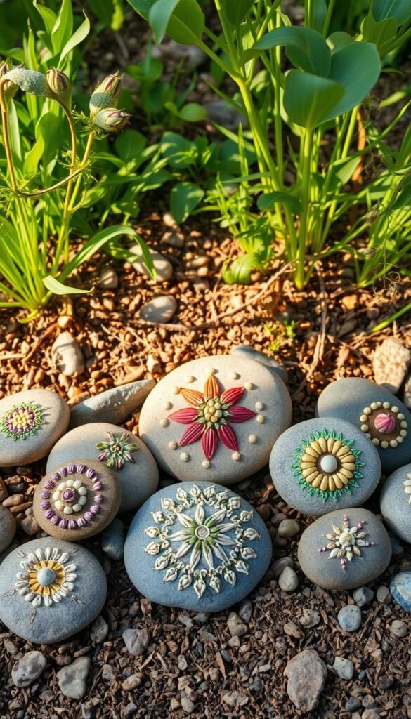 A vibrant still life showcasing a collection of seed art rock markers, set against a backdrop of lush foliage and earthy tones. In the foreground, an assortment of smooth, river-worn stones are adorned with intricate patterns and designs, meticulously crafted using an array of colorful seeds, pods, and other natural materials. The middle ground features a mixture of verdant plants, their leaves and tendrils framing the scene, while the background suggests a serene garden setting, bathed in warm, natural lighting that casts soft shadows and highlights the textures of the materials. The overall composition conveys a sense of wonder, creativity, and the joyful exploration of nature-inspired art projects, perfectly suited to inspire young gardeners and artists.