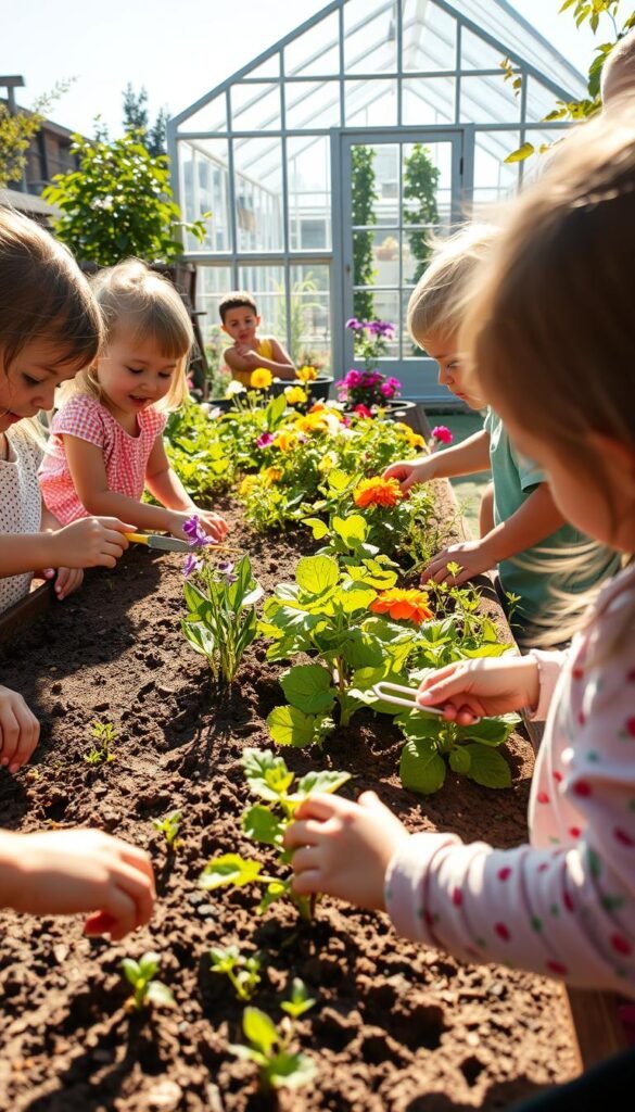 A vibrant, sun-dappled preschool garden scene. In the foreground, children engage in hands-on activities - planting seeds, observing insects, and measuring plant growth using simple tools. The middle ground features a colorful array of flowers, vegetables, and herbs, their leaves rustling gently in a soft breeze. In the background, a greenhouse stands, its glass panes glinting, suggesting a place for further scientific exploration and discovery. The lighting is warm and natural, casting long shadows and highlighting the textures of soil, leaves, and small hands at work. An atmosphere of wonder, learning, and connection with nature pervades the scene.