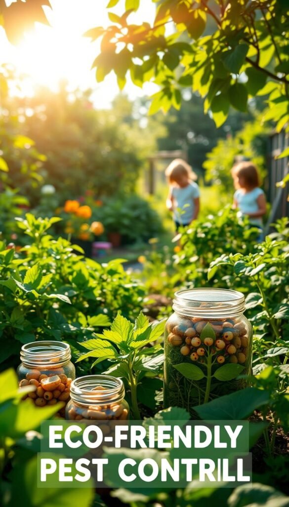 A vibrant, sun-drenched garden teeming with lush, verdant foliage. In the foreground, an array of eco-friendly pest control solutions, including jars filled with natural repellents, organic pest traps, and beneficial insects like ladybugs and lacewings. The middle ground showcases thriving vegetable plants and herbs, free from chemical treatments. In the background, a serene, family-friendly scene with children playing amidst the healthy, pesticide-free environment. Warm, soft lighting casts a natural, inviting glow, and the overall atmosphere conveys a sense of harmony and safety.