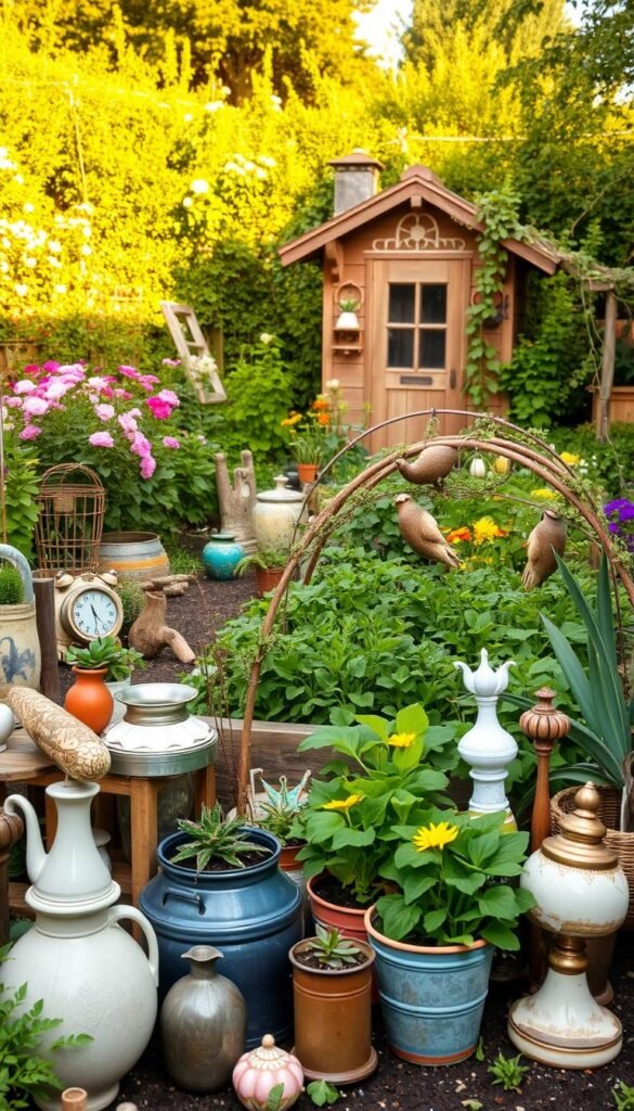 A vibrant, sustainable garden filled with upcycled decor. In the foreground, an eclectic display of thrifted trinkets, repurposed containers, and vintage accents arranged harmoniously. The middle ground showcases a lush, thriving vegetable patch bordered by a whimsical DIY trellis crafted from found materials. In the background, a quaint, rustic shed nestled among a tapestry of blooming flowers and lush greenery, illuminated by warm, natural lighting. The scene exudes a sense of creativity, resourcefulness, and a deep connection to the earth, embodying the essence of transforming thrifted items into captivating garden art.