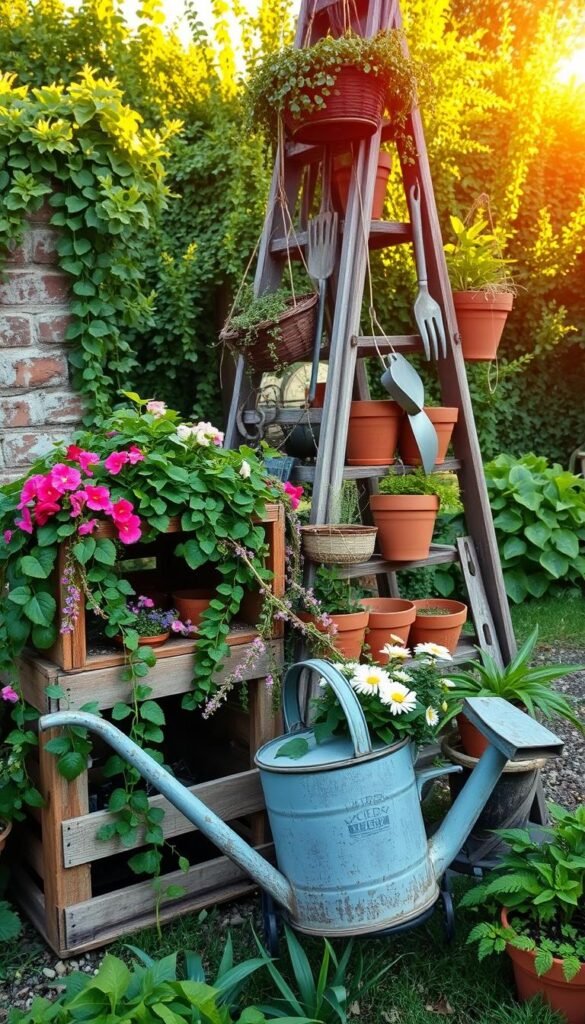 A vibrant thrift store garden display, showcasing an eclectic array of upcycled decor. In the foreground, a rustic metal watering can overflows with cascading vines and blooming flowers. Nearby, a weathered wooden crate holds an assortment of vintage terra cotta pots, each one bursting with lush greenery. In the middle ground, a repurposed ladder leans against a crumbling brick wall, its rungs adorned with hanging baskets and artfully arranged antique gardening tools. The background features a lush, overgrown garden, bathed in the warm, golden light of a late afternoon sun, creating a sense of timeless, rustic charm.