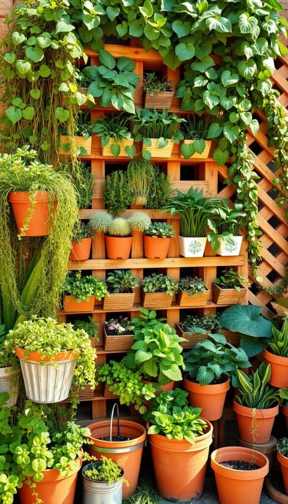 A vibrant, upcycled vertical garden cascading with lush foliage and repurposed containers. The foreground features an artful arrangement of terracotta pots, galvanized buckets, and hanging baskets overflowing with cascading vines and trailing succulents. The middle ground showcases a modular wall system constructed from reclaimed wood pallets, each compartment brimming with a variety of thriving herbs and edible plants. In the background, a lattice trellis supports an elegant climbing vine, its leaves and flowers adding depth and texture to the composition. The scene is illuminated by warm, natural lighting, casting soft shadows and highlighting the earthy tones of the upcycled materials. An inspiring, eco-friendly display of vertical gardening ingenuity.