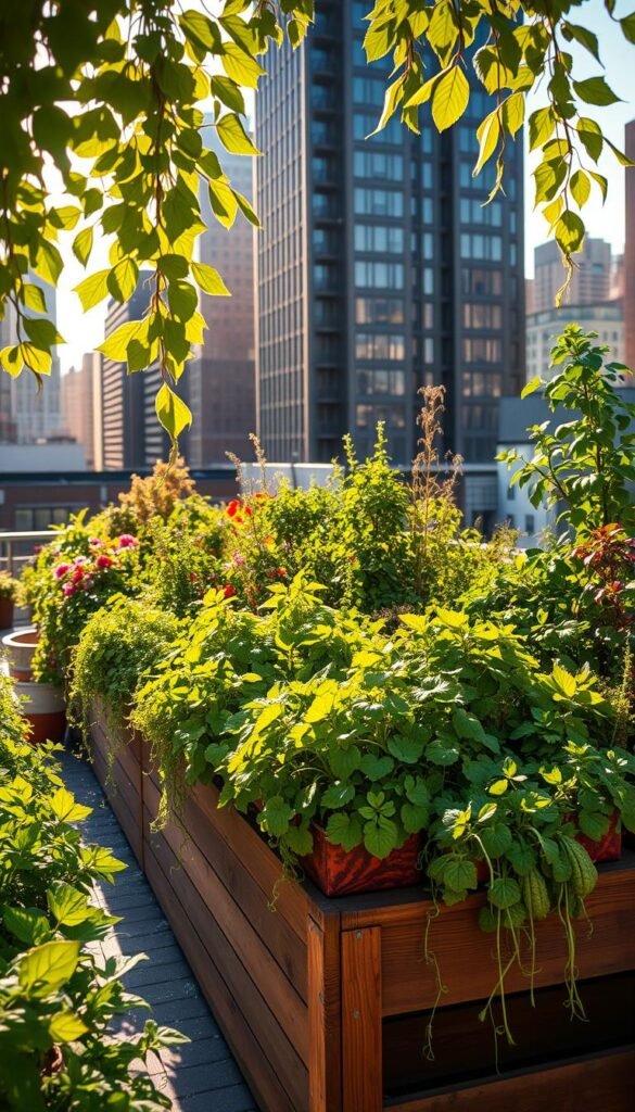 A vibrant urban rooftop garden, bathed in warm afternoon light. Lush, verdant container plantings cascade from wooden raised beds, their leafy tendrils spilling over the edges. A variety of herbs, vegetables, and flowering plants thrive in this verdant oasis, their colors and textures creating a harmonious, visually striking display. In the background, the towering silhouettes of surrounding buildings frame the scene, a captivating juxtaposition of nature and city. The overall composition conveys a sense of tranquility and productivity, showcasing the beauty and benefits of container gardening in a compact urban setting.