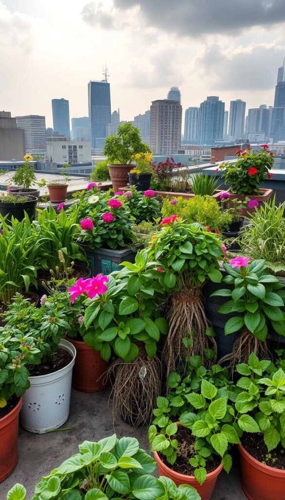 A vibrant urban rooftop garden brimming with diverse container-grown plants, each facing unique challenges. The foreground showcases lush foliage and colorful blooms struggling against the confines of pots and planters, while the middle ground reveals intricate root systems yearning for more space. In the background, a skyline of towering buildings casts long shadows, creating a moody, atmospheric lighting. The scene conveys the delicate balance and obstacles inherent in maintaining a thriving container garden amidst the constraints of a dense, urban environment.