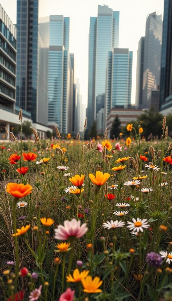 A vibrant urban wildflower garden thrives, with delicate petals and lush foliage cascading across a modern cityscape. In the foreground, bursts of color from blooming wildflowers - poppies, daisies, and sunflowers - sway gently in a soft breeze. In the middle ground, a mix of native grasses and low-growing shrubs create a naturalistic tapestry, seamlessly blending with the architectural elements of the urban setting. In the background, sleek high-rises and skyscrapers rise up, their glass facades reflecting the dynamic interplay of nature and modern design. The lighting is soft and diffused, casting a warm, golden glow that enhances the organic beauty of the scene. Captured with a wide-angle lens, the composition highlights the harmonious coexistence of wild and urban elements, inspiring a sense of wonder and timeless inspiration.