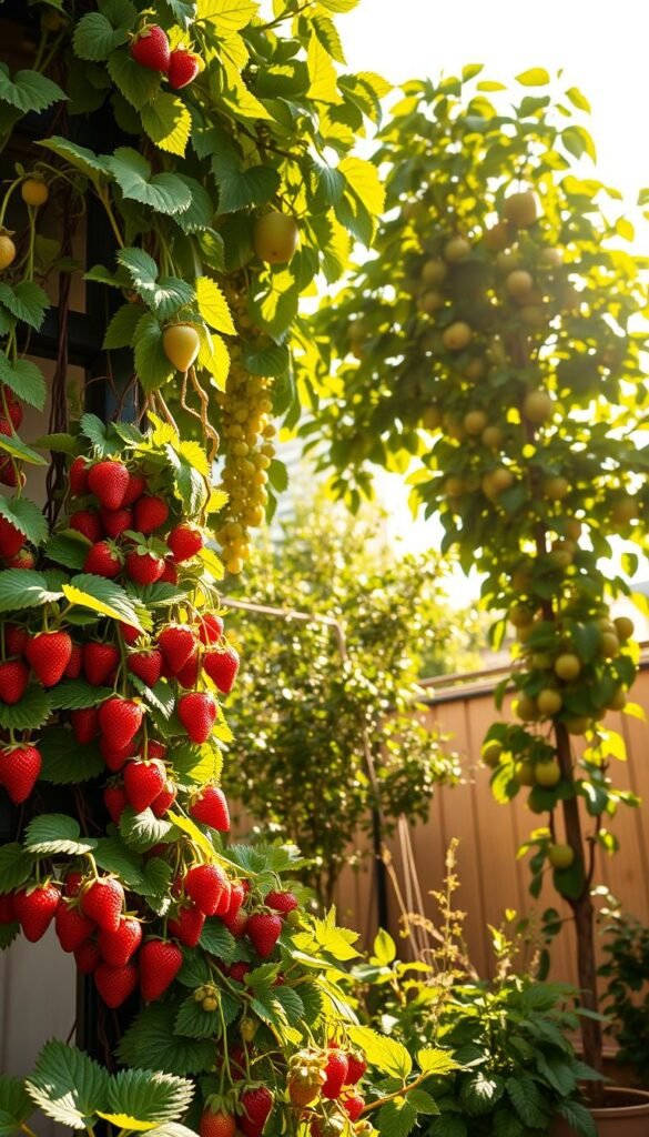 A vibrant vertical fruit garden in a warm, sunlit setting. In the foreground, lush strawberry plants cascade down a tiered planter, their ripe red berries glistening. Trailing vines of juicy grapes cling to a trellis, casting dappled shadows. The middle ground features a columnar apple tree, its branches laden with crisp green fruit. Overhead, a canopy of leafy foliage filters the golden light, creating a sense of organic abundance. The scene is captured with a wide-angle lens, emphasizing the efficient use of vertical space and the harmonious integration of various fruit-bearing plants. The overall mood is one of thriving, productive growth in a compact, urban-friendly setting.