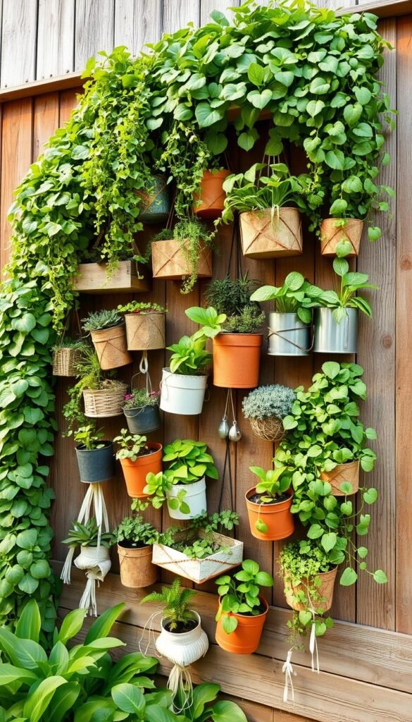 A vibrant vertical garden filled with DIY planters of various shapes and sizes, cascading down a rustic wooden wall. Lush greenery spills over the edge, creating a captivating living wall. Warm, natural lighting accentuates the textures of the handcrafted planters, made from recycled materials like wood, metal, and hanging fabric. The overall composition evokes a sense of creativity, sustainability, and a harmonious blend of nature and human ingenuity.