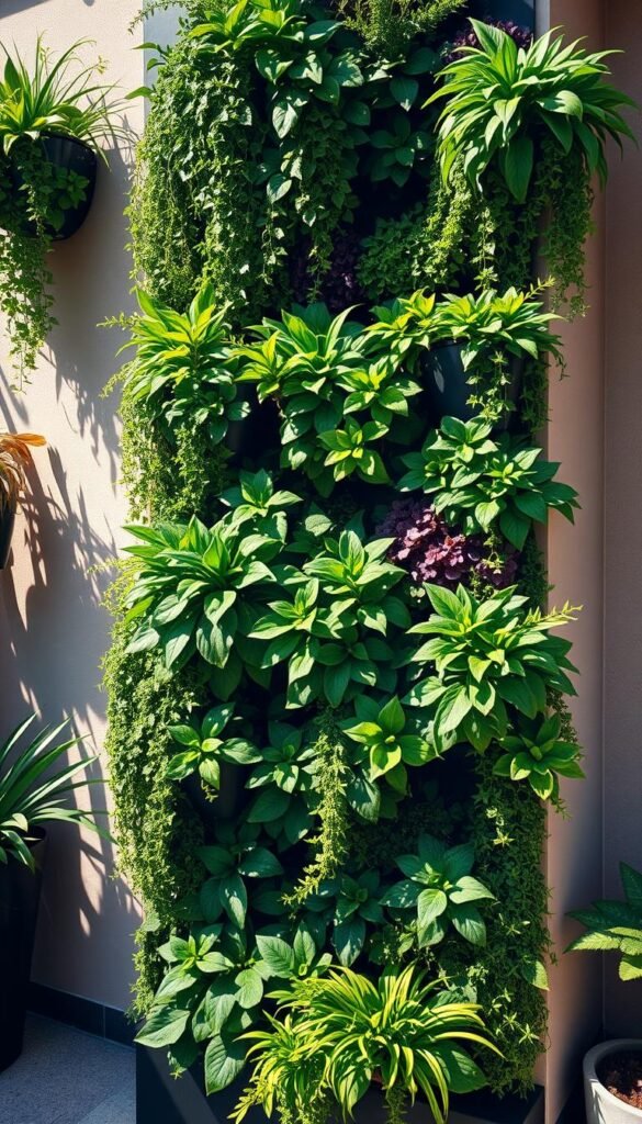 A vibrant vertical garden with lush, cascading planters overflowing with a diverse array of thriving foliage. The planters are arranged in a striking, asymmetric pattern, creating a sense of dynamic visual interest. Warm, natural lighting bathes the scene, casting gentle shadows that accentuate the textural details of the plants. The background is a neutral, yet visually appealing, to allow the focus to remain on the striking vertical garden display. The overall composition conveys a sense of lush, urban greenery that could transform any outdoor space into a verdant oasis.