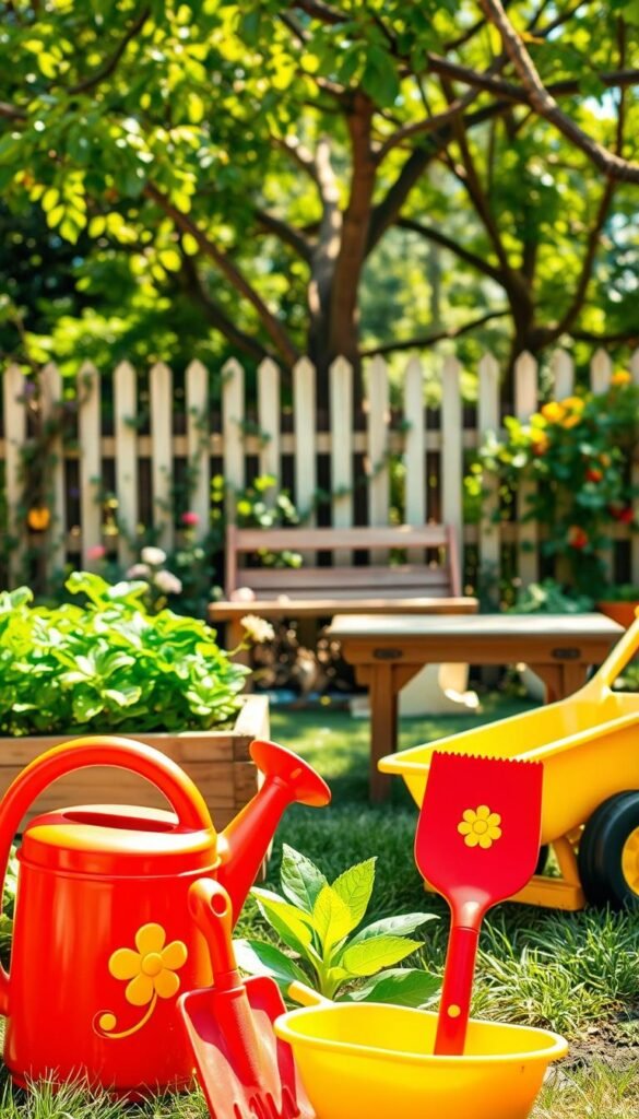 A vibrant, whimsical scene of kid-friendly garden tools in a lush, sun-dappled backyard. In the foreground, a collection of colorful, oversized gardening implements - a bright red watering can, a chunky trowel with a friendly flower design, and a miniature wheelbarrow in a cheerful yellow. Behind them, a raised garden bed overflows with verdant greens and bright blooms. In the middle ground, a wooden bench and a child-sized potting table, inviting young gardeners to get their hands dirty. The background features a picket fence, trailing vines, and a verdant tree canopy filtering warm natural light. The overall atmosphere is one of playful discovery, sparking a child's sense of wonder and excitement about growing their own healthy foods.