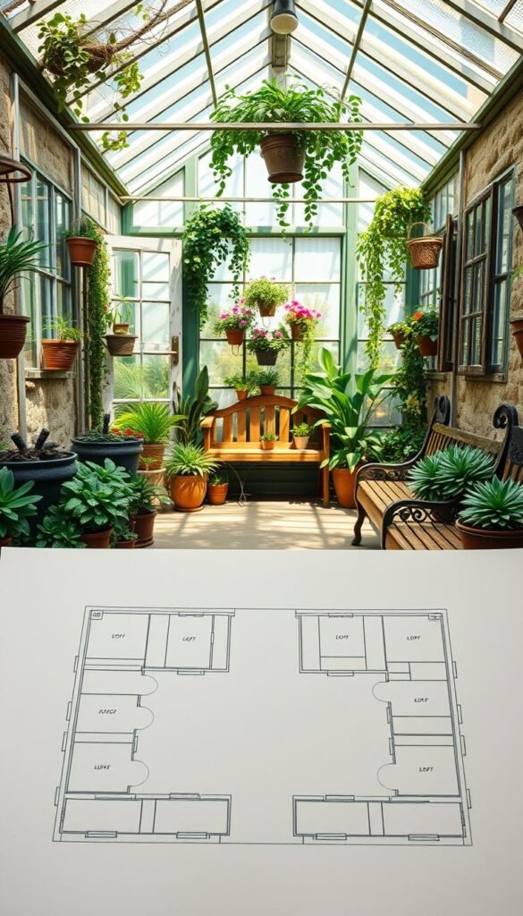 A vintage greenhouse layout with a charming, rustic aesthetic. In the foreground, a detailed sketch of the greenhouse floor plan, showcasing a symmetrical design with pockets for various plant types. The middle ground features a vibrant, lush interior, with a mix of potted plants, hanging vines, and antique wooden benches. The background depicts a cozy, sun-dappled scene, with vintage-style windows, wrought-iron frames, and a distressed stone wall, conveying a sense of timeless elegance. The lighting is soft and natural, creating a warm, inviting atmosphere. The overall composition evokes a sense of tranquility and a harmonious connection between the structure and the natural world.